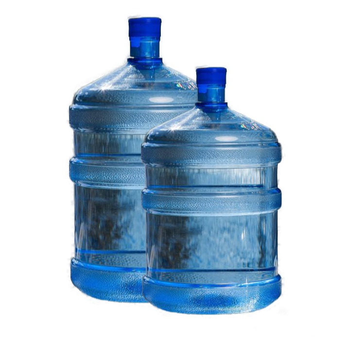 A photo of two plastic jugs of water used for bottled water coolers